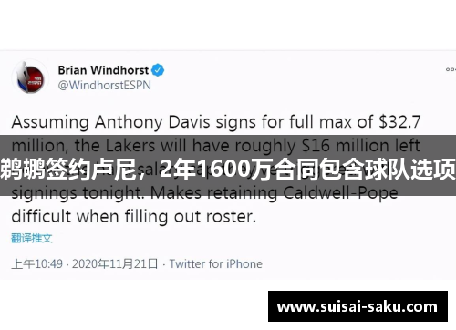 鹈鹕签约卢尼，2年1600万合同包含球队选项